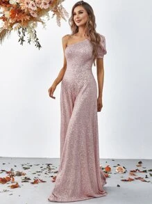 Puff Sleeve Wide Leg Sequins Jumpsuit - Pink - View 3