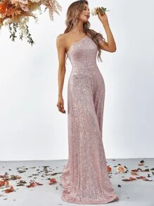 Puff Sleeve Wide Leg Sequins Jumpsuit - Pink - View 5