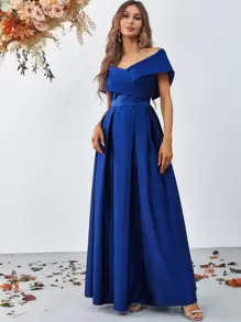 Foldover Off Shoulder Satin Formal Dress Elegant Prom Evening Wedding Guest Gown, For Graduation, Dinner - Blue - View 1