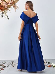 Foldover Off Shoulder Satin Formal Dress Elegant Prom Evening Wedding Guest Gown, For Graduation, Dinner - Blue - View 2
