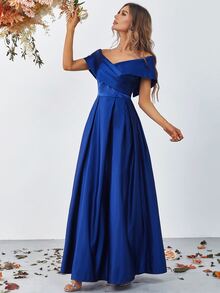 Foldover Off Shoulder Satin Formal Dress Elegant Prom Evening Wedding Guest Gown, For Graduation, Dinner - Blue - View 3