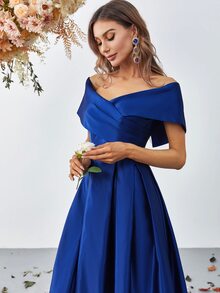 Foldover Off Shoulder Satin Formal Dress Elegant Prom Evening Wedding Guest Gown, For Graduation, Dinner - Blue - View 4