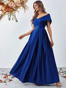 Foldover Off Shoulder Satin Formal Dress Elegant Prom Evening Wedding Guest Gown, For Graduation, Dinner - Blue - View 5