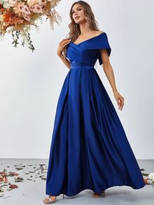 Foldover Off Shoulder Satin Formal Dress Elegant Prom Evening Wedding Guest Gown, For Graduation, Dinner - Blue - View 6