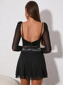 PARTHEA Contrast Mesh Flounce Sleeve Sweetheart Neck Dress - Black - View 2