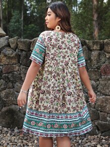 SHEIN Holidaya Plus Floral Print V Neck Smock Dress - Multicolor - View 2