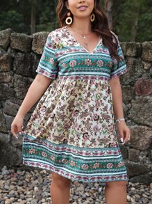 SHEIN Holidaya Plus Floral Print V Neck Smock Dress - Multicolor - View 4