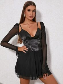 PARTHEA Contrast Mesh Flounce Sleeve Sweetheart Neck Dress - Black - View 6