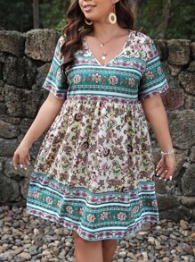 SHEIN Holidaya Plus Floral Print V Neck Smock Dress - Multicolor - View 6