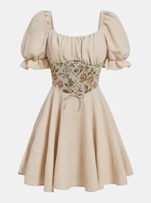 SHEIN Girlism 青少年女孩印花前繫帶泡泡袖連衣裙 - 卡其色 - 查看 1