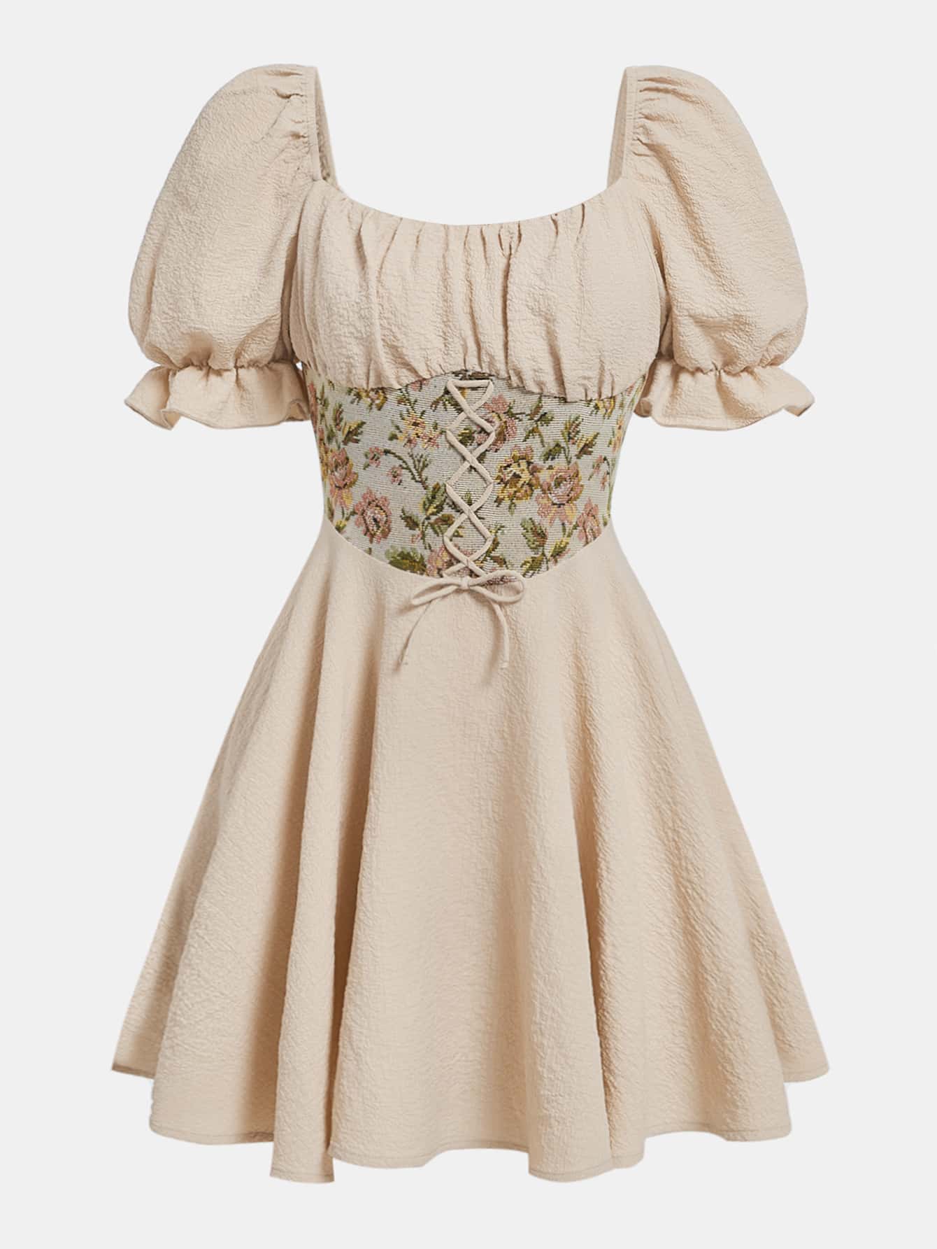 SHEIN Girlism 青少年女孩印花前繫帶泡泡袖連衣裙 - 卡其色 - 查看 1