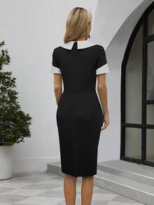 Contrast Collar Button Detail Bodycon Dress Work Dress - Black and White - View 2