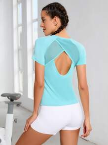 Easithlete 後鏤空插肩袖運動T恤 - 薄荷藍 - 查看 1