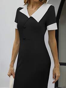 Contrast Collar Button Detail Bodycon Dress Work Dress - Black and White - View 4