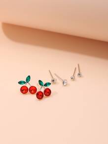 3對紅櫻桃和鑽石裝飾合金耳釘套裝