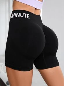 Powerista Letter Graphic Tummy Control Scrunch Butt Sports Shorts Stretchy Shorts Butt Lifting Shortsseamless Yoga Shorts - Black - View 1