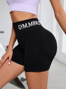 Powerista Letter Graphic Tummy Control Scrunch Butt Sports Shorts Stretchy Shorts Butt Lifting Shortsseamless Yoga Shorts - Black - View 3