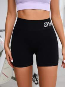 Powerista Letter Graphic Tummy Control Scrunch Butt Sports Shorts Stretchy Shorts Butt Lifting Shortsseamless Yoga Shorts - Black - View 4