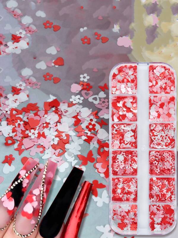 زينة أظافر على شكل قلب وزهرة وردية لعيد الحب، لوازم الأظافر، أشكال وجواهر للأظافر