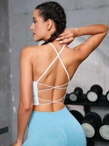 Easithlete Áo lót thể thao Nữ Lộ Lưng Hội Chữ thập màu trơn - trắng - Xem 1