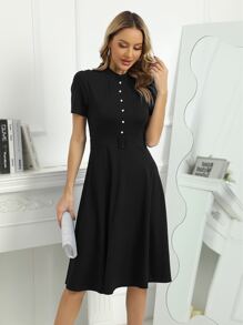 Mock Neck Buckle Front Dress - Black - View 1