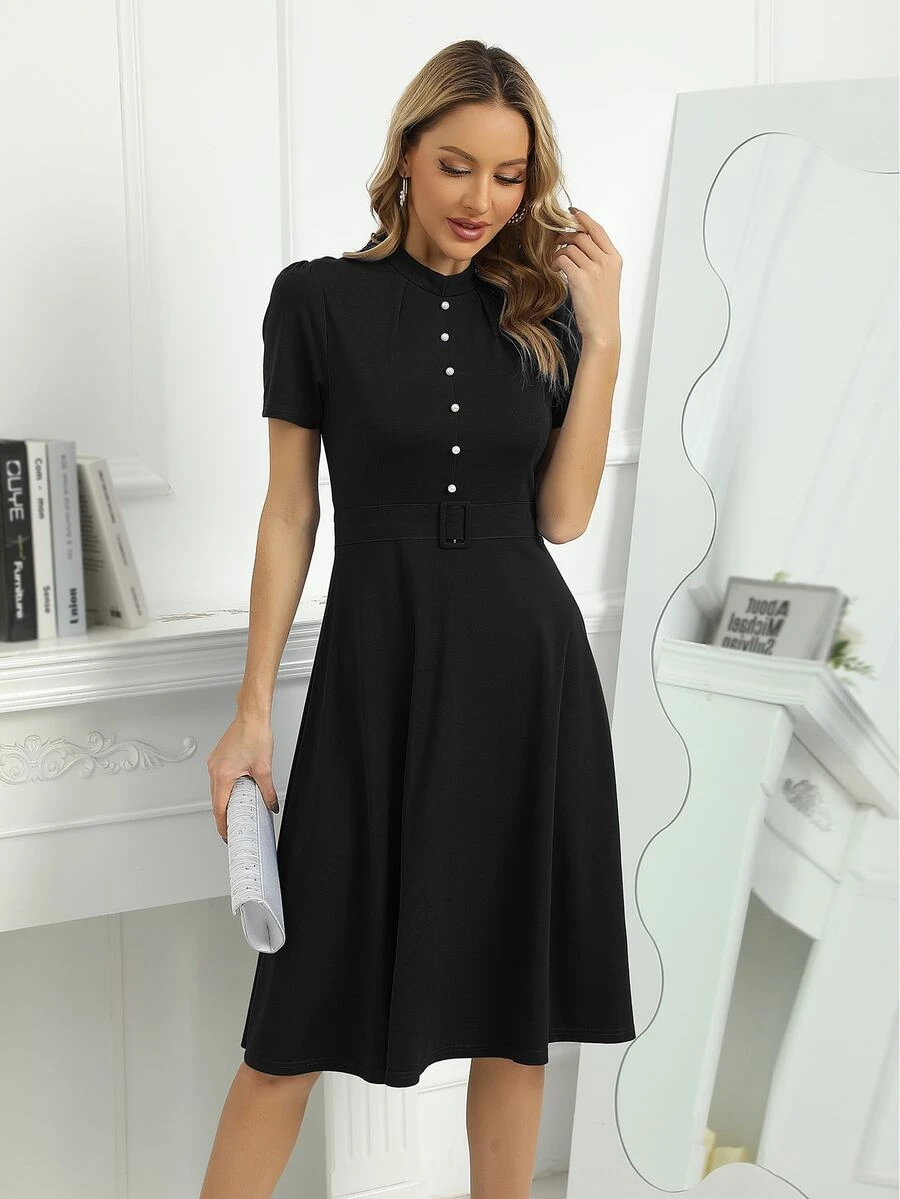 Mock Neck Buckle Front Dress - Black - View 1