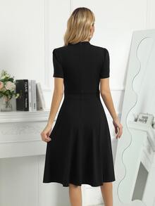 Mock Neck Buckle Front Dress - Black - View 2