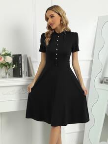 Mock Neck Buckle Front Dress - Black - View 4