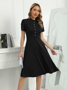 Mock Neck Buckle Front Dress - Black - View 6