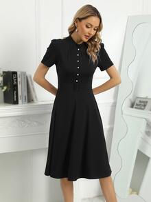 Mock Neck Buckle Front Dress - Black - View 7