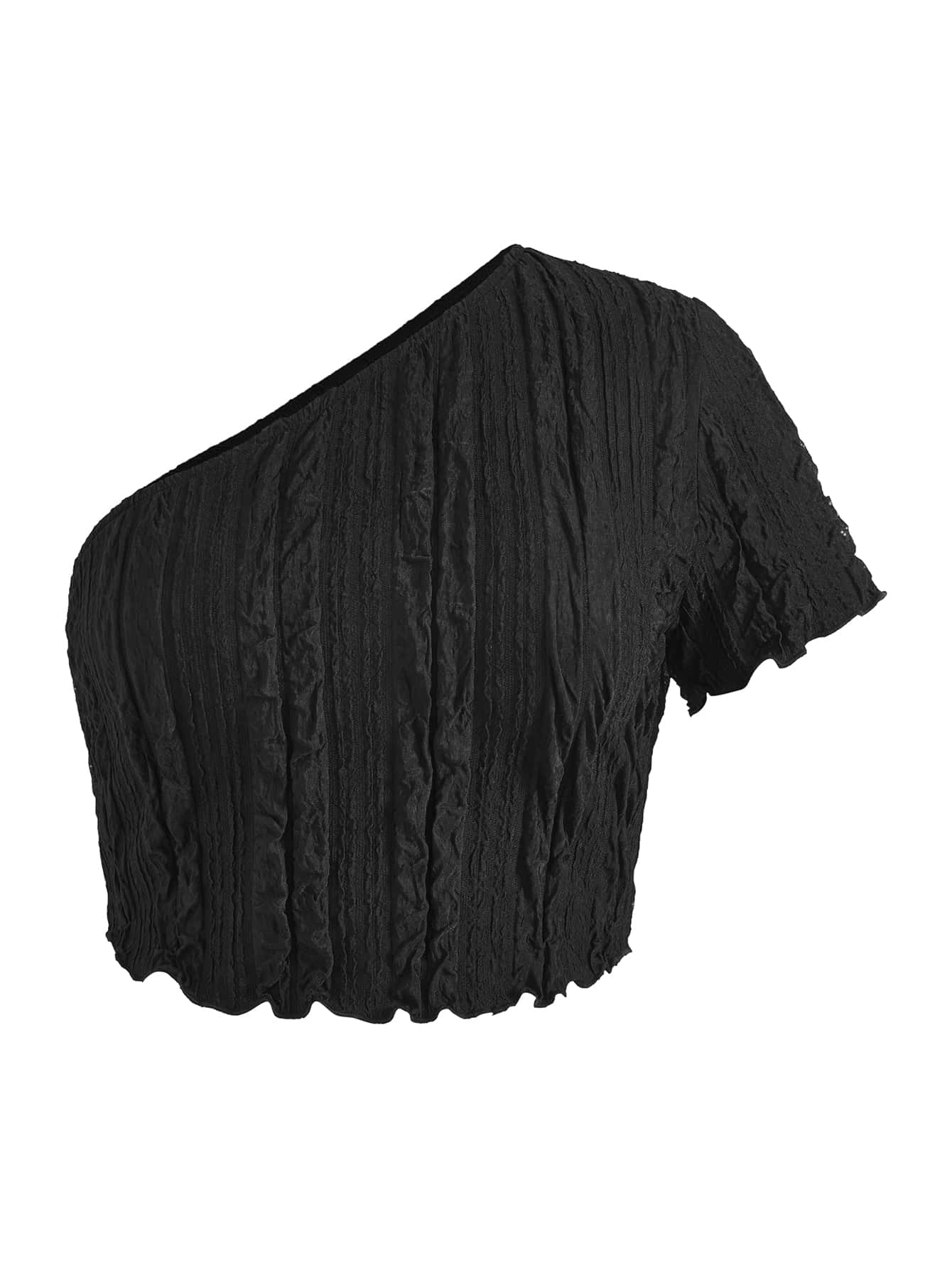 Top crop de un hombro ribete en forma de lechuga - Negro - Ver 1