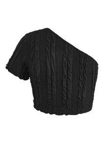 Top crop de un hombro ribete en forma de lechuga - Negro - Ver 2