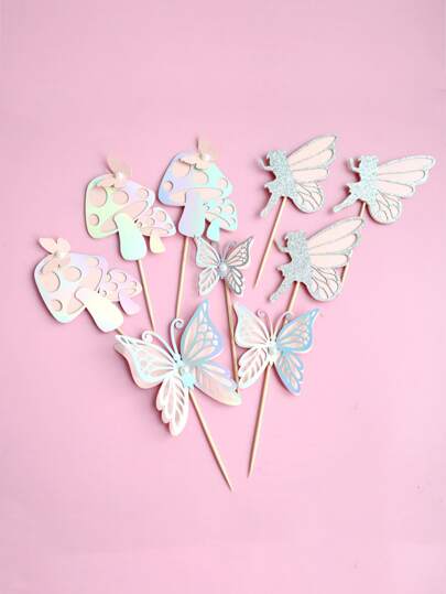 9pcs/set Paper Cake Topper, Mushroom & Butterfly Decor Cake Top Decoration For Party