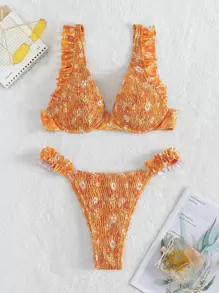 花卉印花束褶式內托夏日沙灘比基尼套裝 - 彩色 - 查看 3