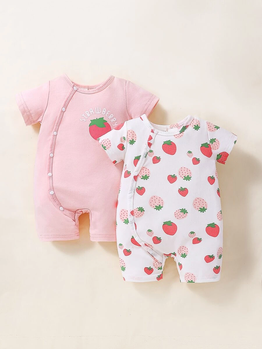 Newborn Baby 2pcs Strawberry Print Romper - Multicolor - View 1