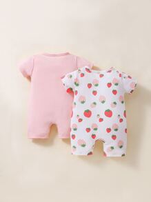 Newborn Baby 2pcs Strawberry Print Romper - Multicolor - View 2