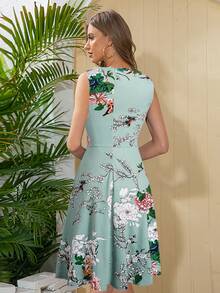 印花蕾絲拼接A字連衣裙 - 薄荷綠 - 查看 2