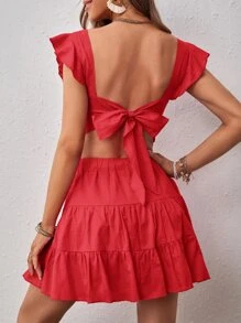 SHEIN VCAY Top crop de espalda abierta con cordón ribete con fruncido & Falda - Rojo - Ver 2