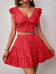 SHEIN VCAY Top crop de espalda abierta con cordón ribete con fruncido & Falda - Rojo - Ver 5