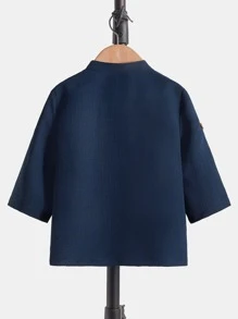 SHEIN 小男童半排扣捲邊袖小高領襯衫 - 藏蓝色 - 查看 5