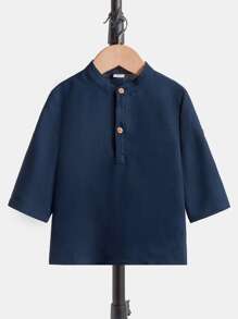 SHEIN 小男童半排扣捲邊袖小高領襯衫 - 藏蓝色 - 查看 2