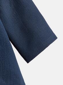 SHEIN 小男童半排扣捲邊袖小高領襯衫 - 藏蓝色 - 查看 4