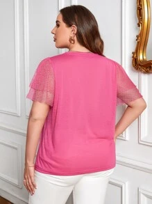 SHEIN VCAY Plus Contrast Mesh Butterfly Sleeve Tee - Pink - View 5