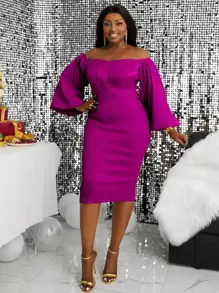 Vestido ajustado de hombros descubiertos de manga farol con abertura trasera - Morado - Ver 1