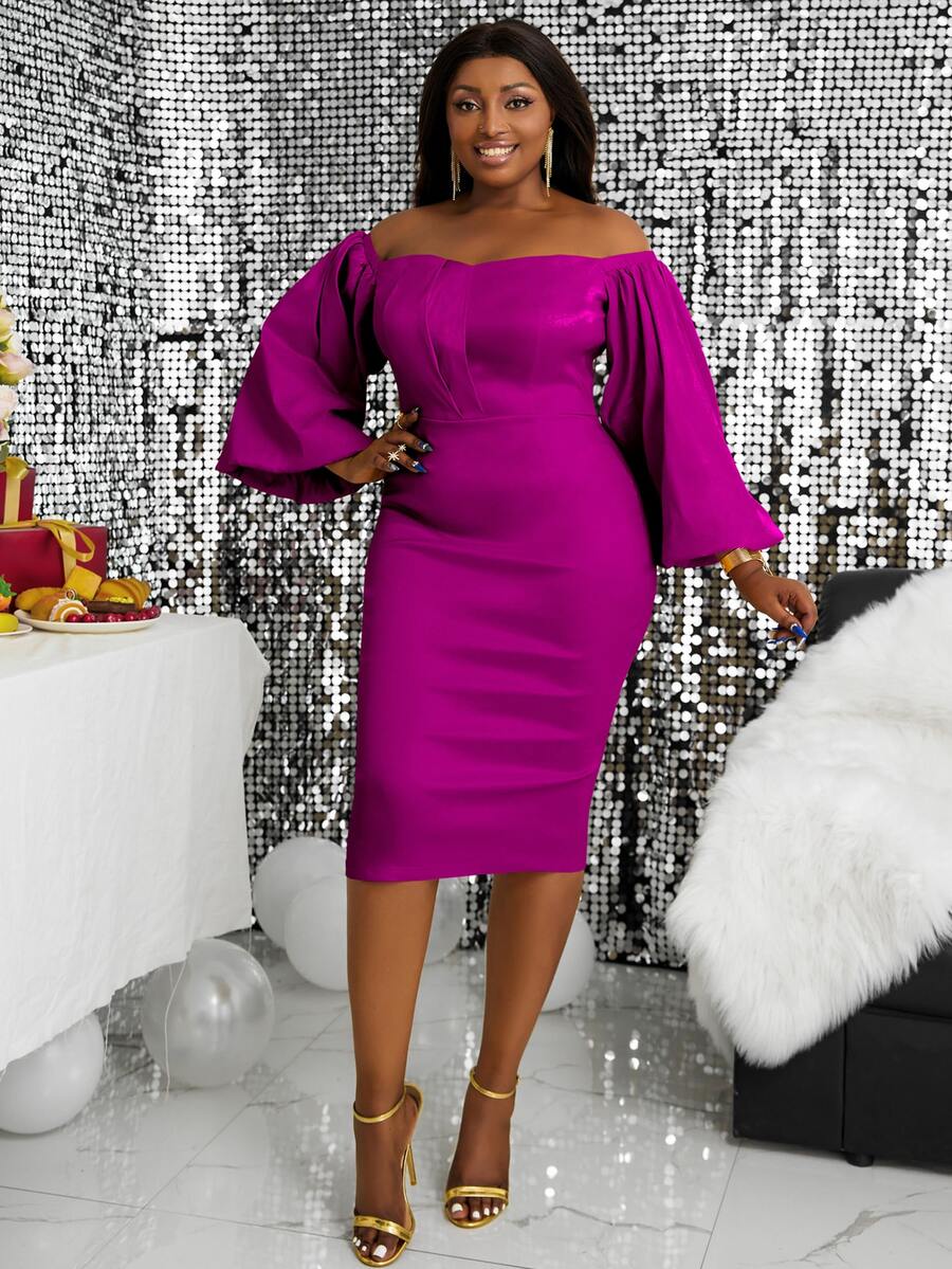 Vestido ajustado de hombros descubiertos de manga farol con abertura trasera - Morado - Ver 1
