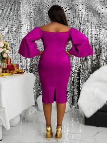 Vestido ajustado de hombros descubiertos de manga farol con abertura trasera - Morado - Ver 2