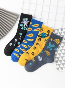 4雙男士宇航員圖案中筒襪 - 彩色 - 查看 1