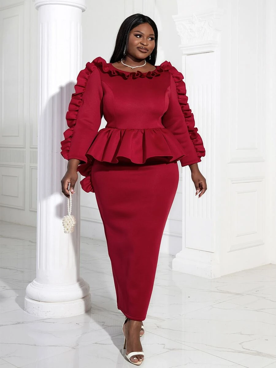 Talla grande Vestido ribete con fruncido peplum cintura con abertura trasera - Burdeos - Ver 1