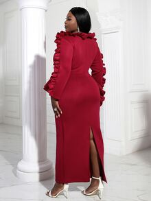 Talla grande Vestido ribete con fruncido peplum cintura con abertura trasera - Burdeos - Ver 2