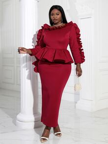 Talla grande Vestido ribete con fruncido peplum cintura con abertura trasera - Burdeos - Ver 3